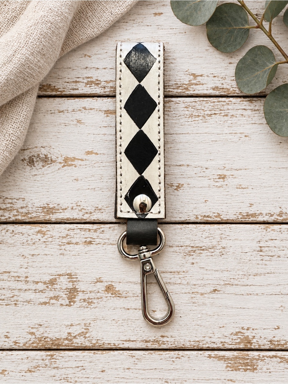 Black & White Diamond Leather Key Fob